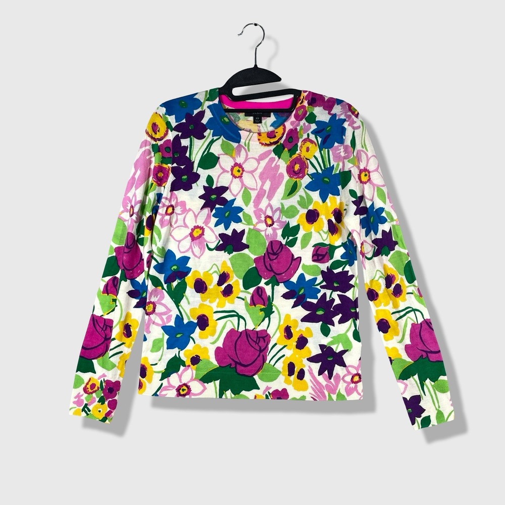 J.Crew Merino Wool Sweater Womens XS White Floral Preppy Colorful Preppy Cottage